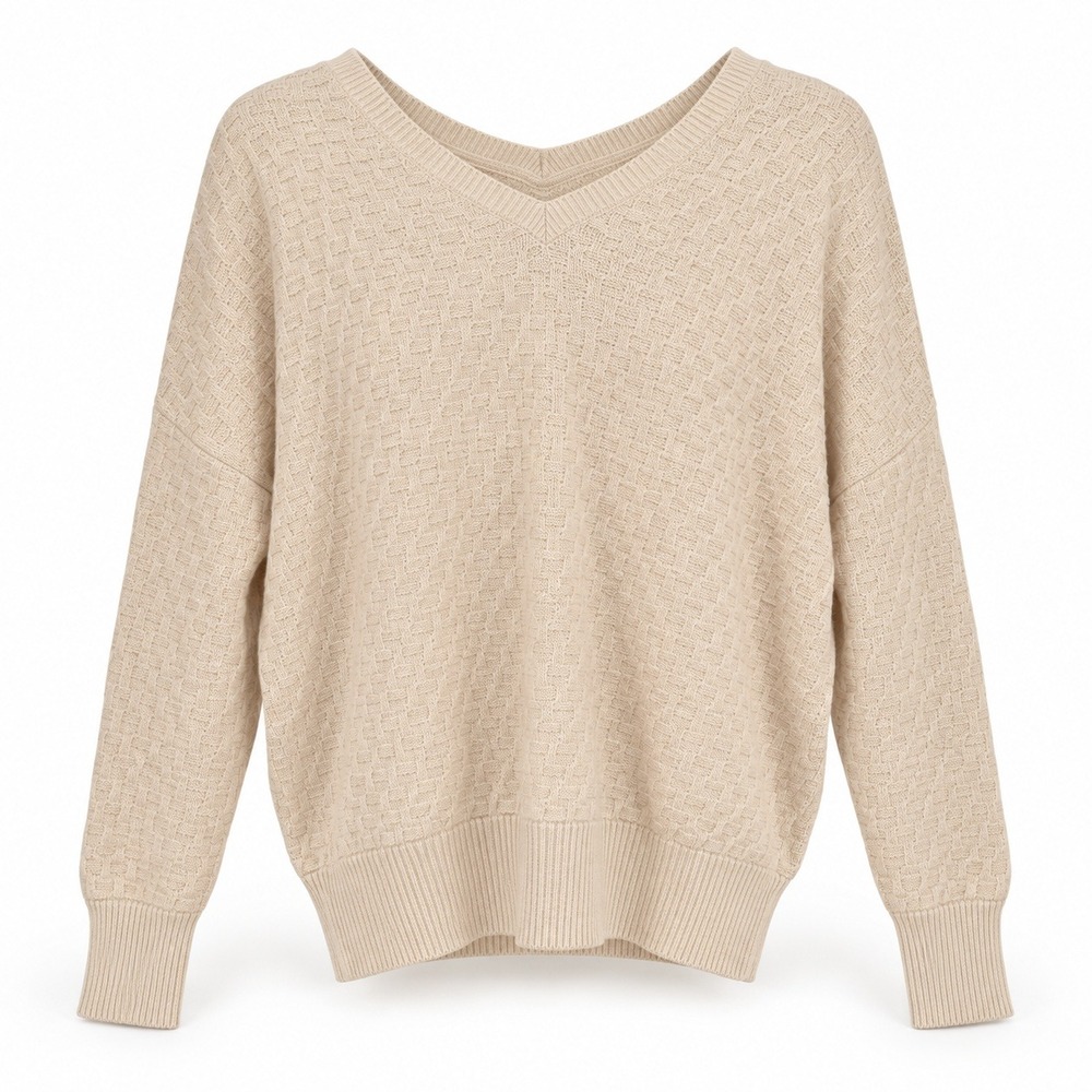 Vince Sweater S Cream Wool Cashmere V-Neck Basket Weave Knit V215575806 Luxury